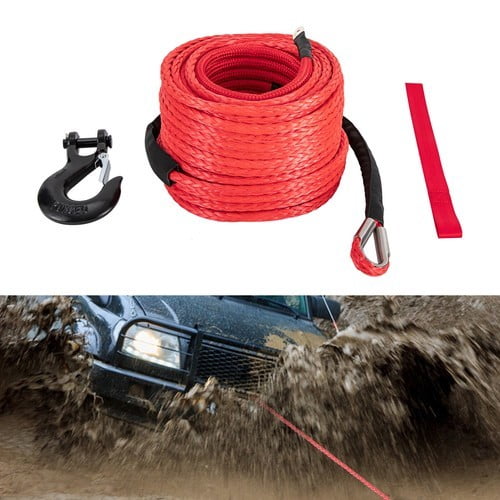 3/8" x 100' Synthetic Winch Rope with Hook, Winch Cable with Protective Sleeve, Car Tow Recovery Cable for 4WD Off-Road Vehicle Truck ATV UTV SUV 23,809 LBS Breaking Strength (Red)