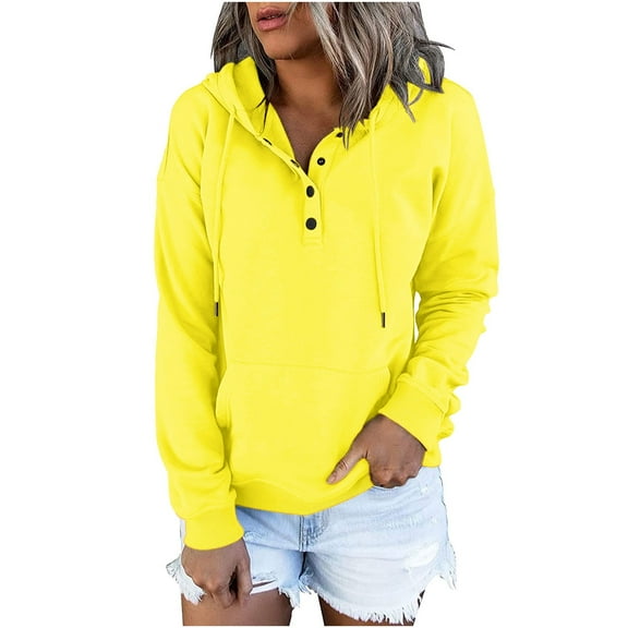 Lmnyox Hoodies for Women Long Sleeve V Neck Button Sweatshirts with Pocket Fall Winter Drawstring Pullover Tops