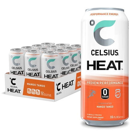 CELSIUS HEAT Performance Energy Drink 16 Fl Oz  Mango Tango (Pack of 12)