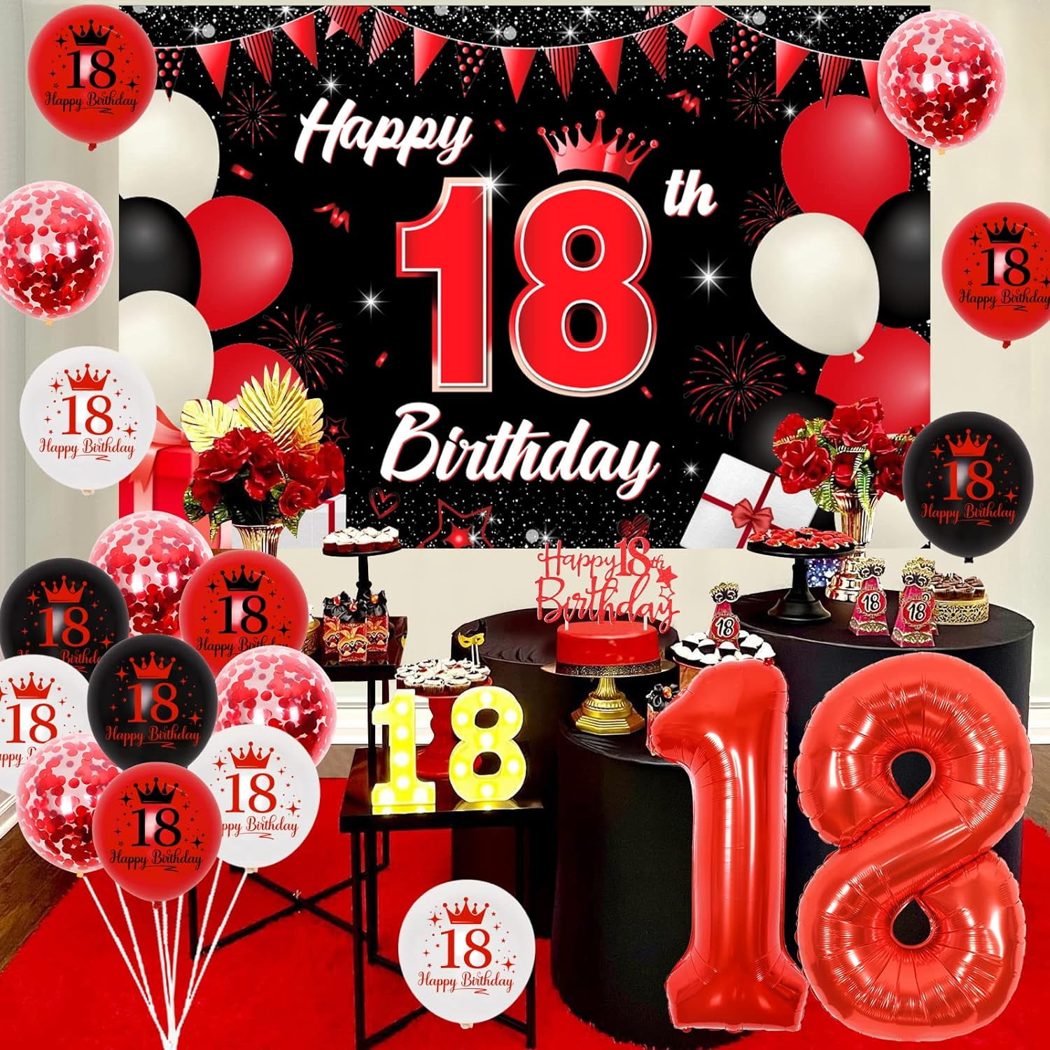 Black and red decorations for boys and girls' 18th birthdays, background for boys and girls' 18th birthday cake and balloons