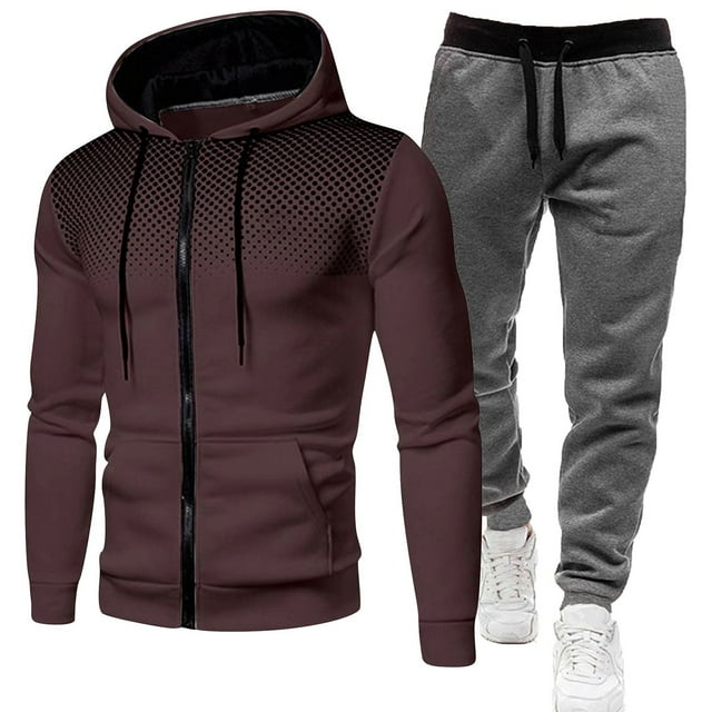 TINZ Men's Suits Winter Hooded Tracksuit Set With Dot Print Zip Up Jacket And Pants For Casual Sports Wear Mens Suits Slim Fit Suit Men Wool