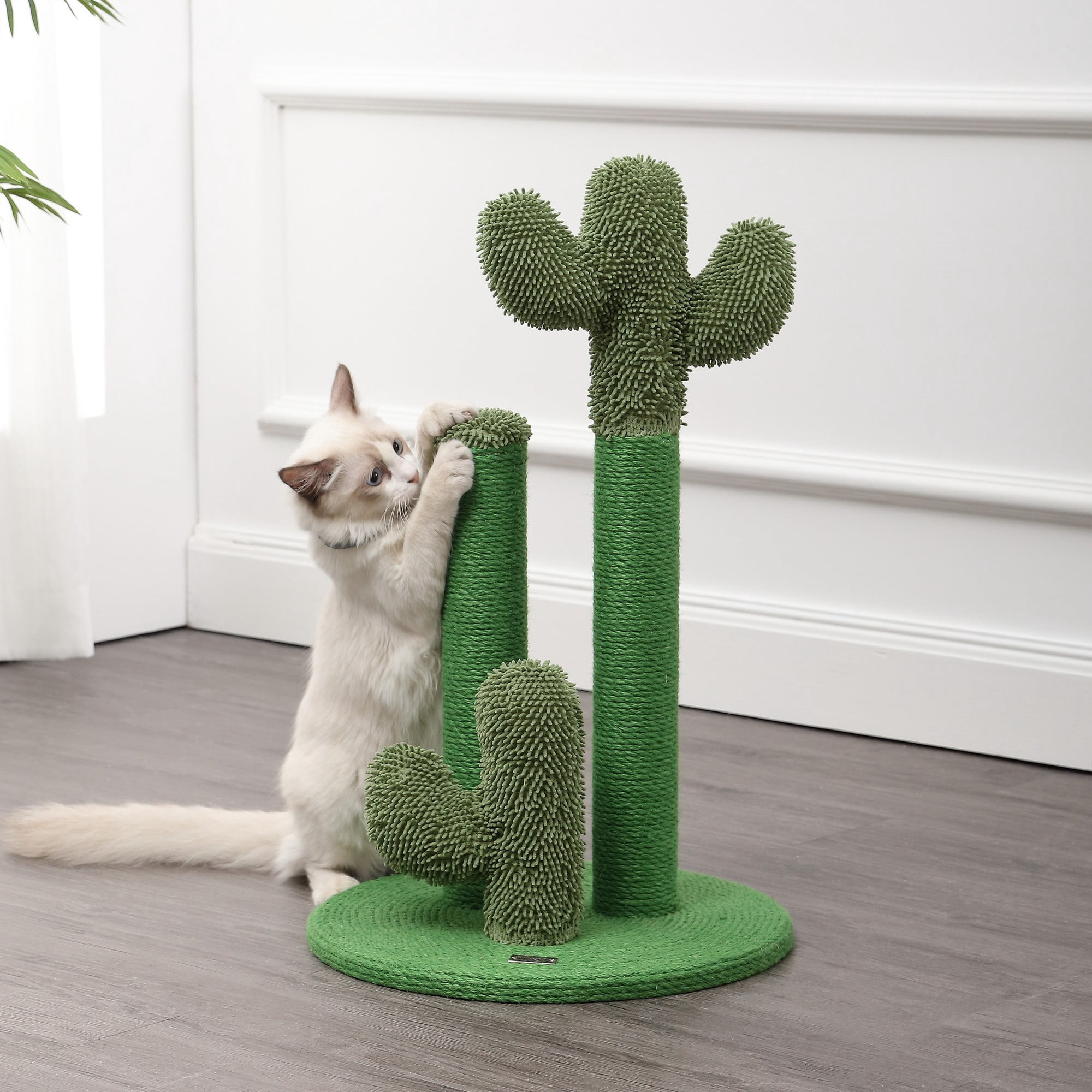 THE LICKER STORE Marfa 25.25" Modern Jute Triple-Cactus Cat Scratching Post with Fuzzy Toy, Green, CTR1009A