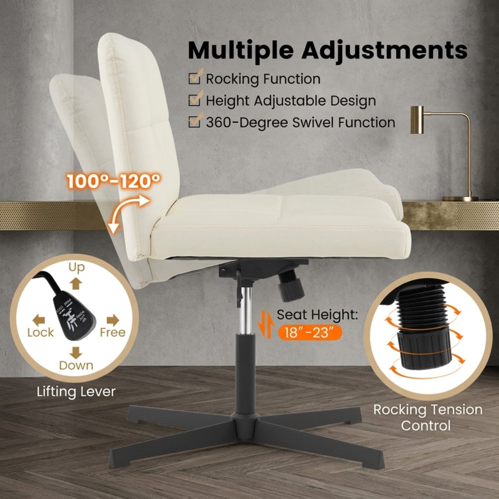Furnibear PU Leather Upholstered Cross Legged Armless Office Chair with Oversized U Shaped Seat Swivel Rolling Vanity Desk Chair, Beige