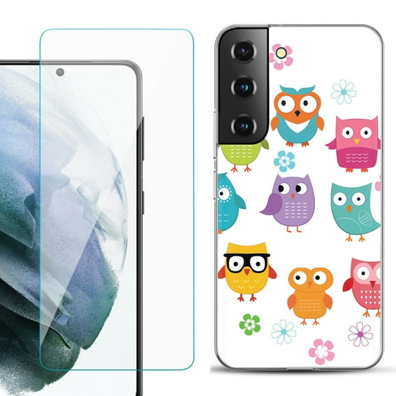Slim-Fit TPU Fashion Phone Case for Samsung Galaxy S22 5G, with Tempered Glass Screen Protector, by OneToughShield ® - Happy Owl