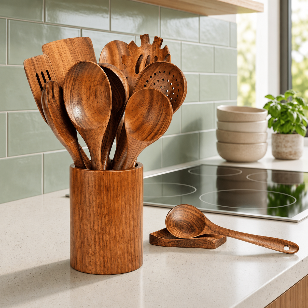 Swayvoo Wooden Spoons for Cooking — 11-Piece 100% Natural Teak Kitchen Utensil Set with Holder and Spoon Rest, Heat Resistant Serving Spoons, BPA-Free, Non-Stick Safe, Gift-Ready