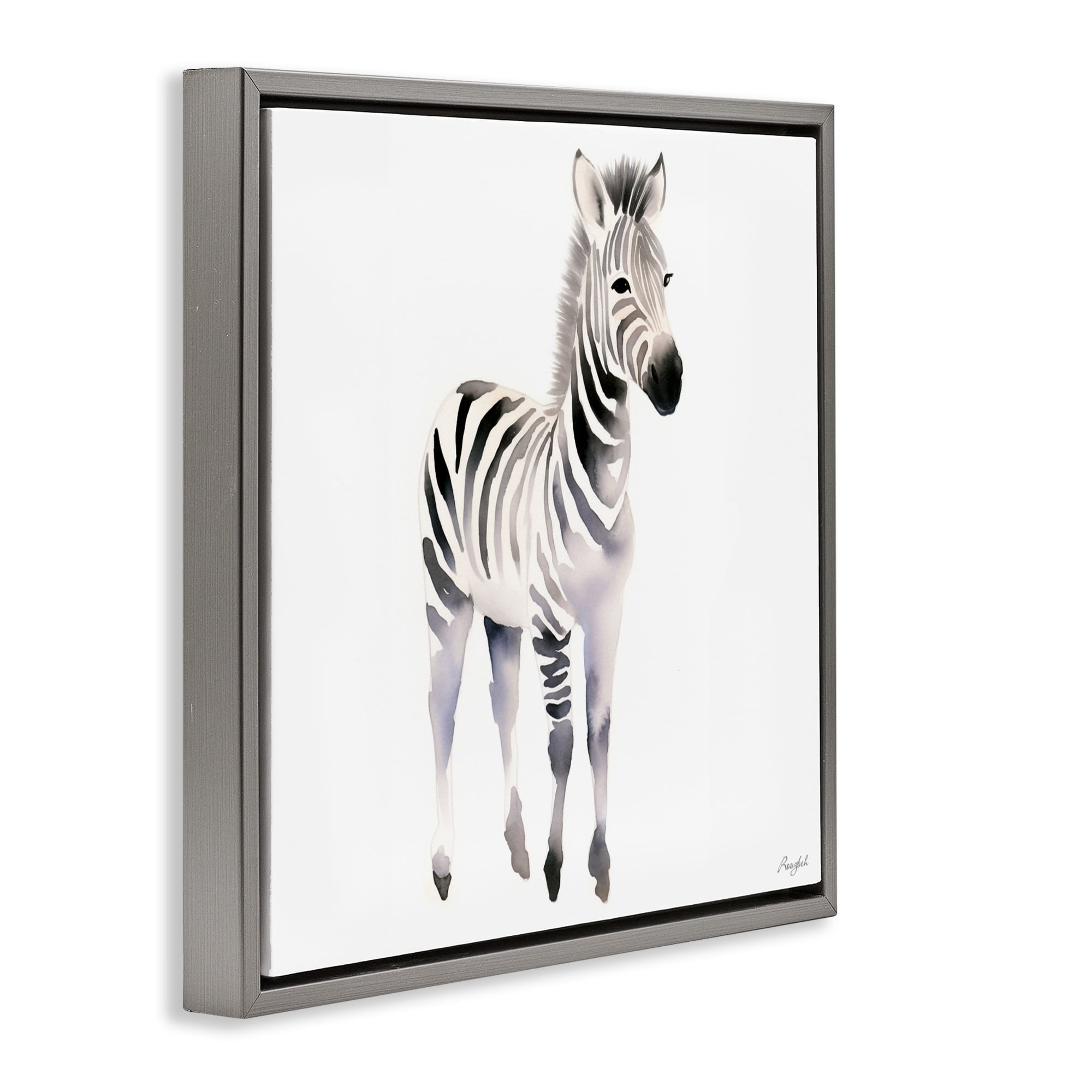 Stupell Industries Minimal Zebra Foal Gray Framed Floater Canvas Wall Art, design by Roozbeh