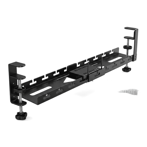 17"X28.7" Extendable Under Desk Cable Management Tray  with Cable Slots,Black Metal Under Desk Storage for Office and Gaming Accessories
