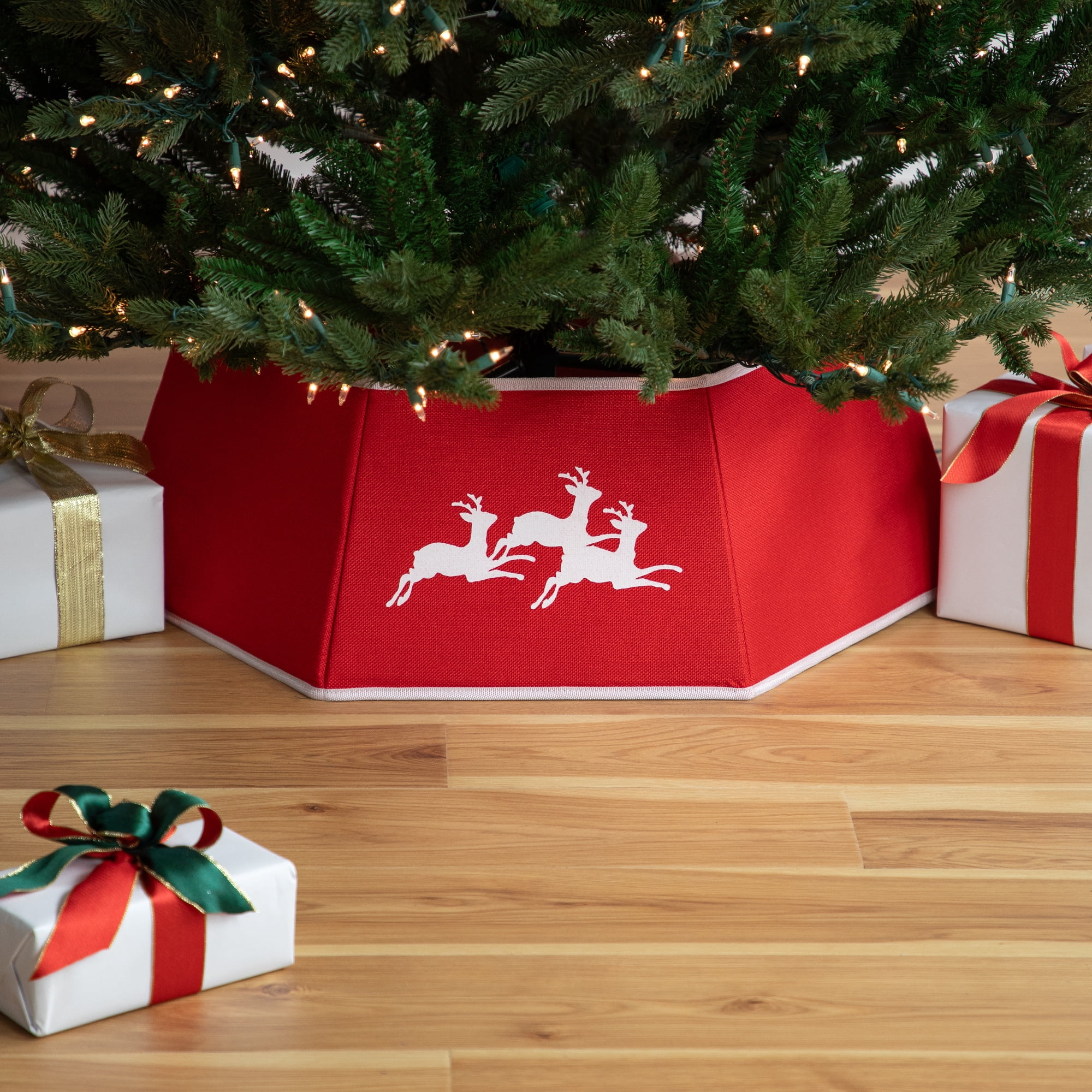 Northlight 26" Red Burlap with Reindeer Hexagonal Christmas Tree Collar