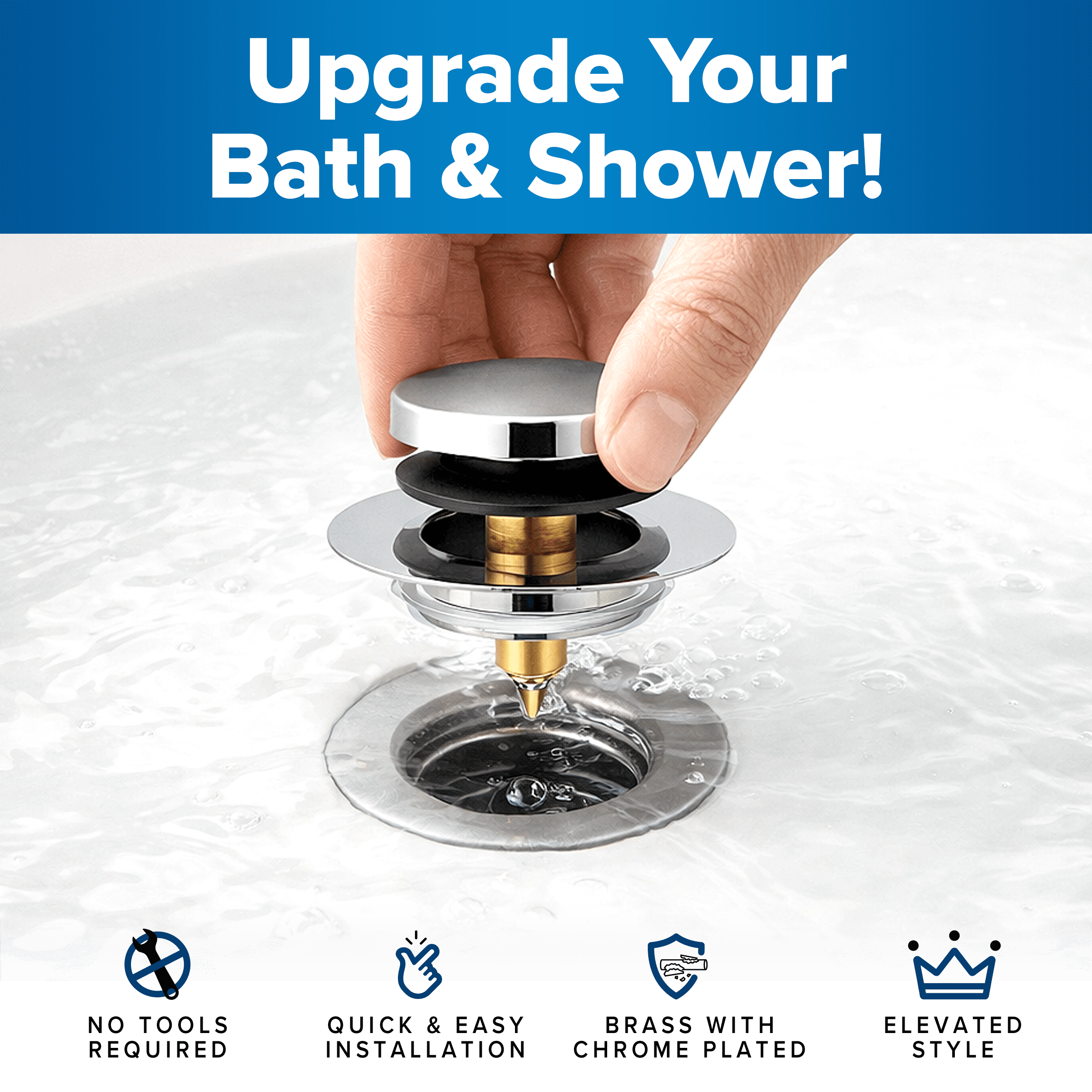 Tub Daddy Pro 2-in-1  Bathtub Drain Stopper with Hair Catcher, ClickLock Push-Button Seal, Chrome/Brushed Nickel