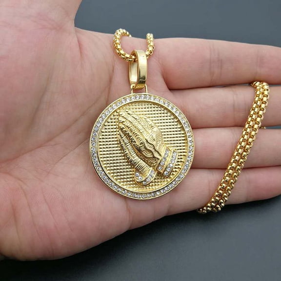 Hip Hop Iced Out Praying Hands Pendant Necklaces For Women And Men 14K White Gold Round Jewelry