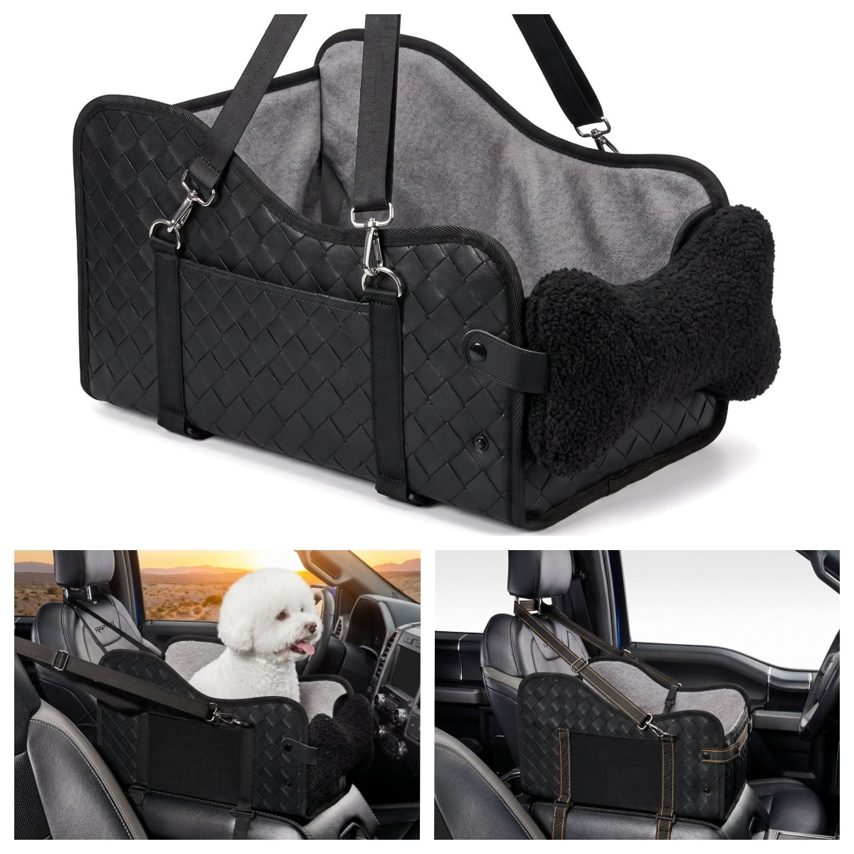 Center Console Dog Car Seat - Pet Booster Seat for Small Dogs, Armrest Middle Console Car Seat for Puppies, Black Leather