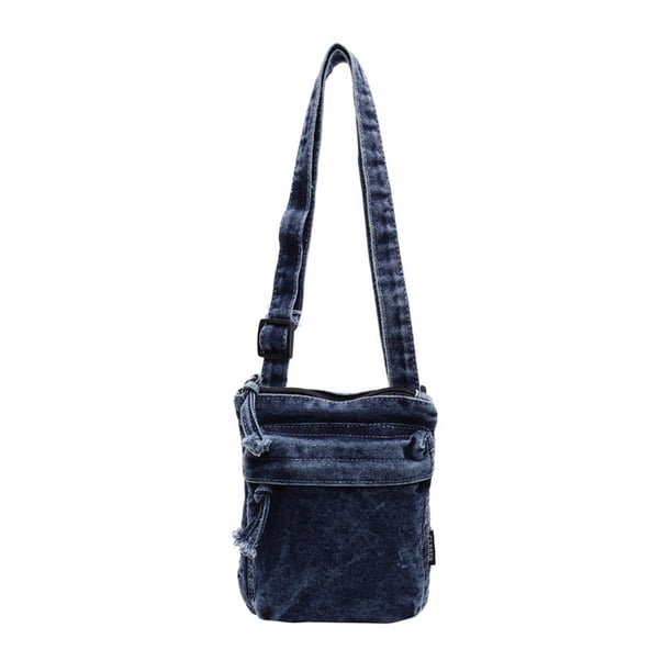 Bolso de mano de mezclilla con cremallera de diseño retro para teléfono, ideal para acampar, citas y fiestas.