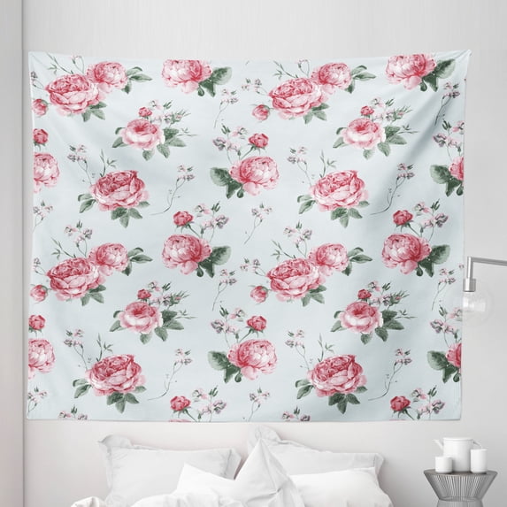 Rose Tapestry, Blooming English Rose Watercolor Painting Style Garden Shabby Form Wild Flowers, Fabric Wall Hanging Decor for Bedroom Living Room Dorm, 5 Sizes, Reseda Green Pink, by Ambesonne