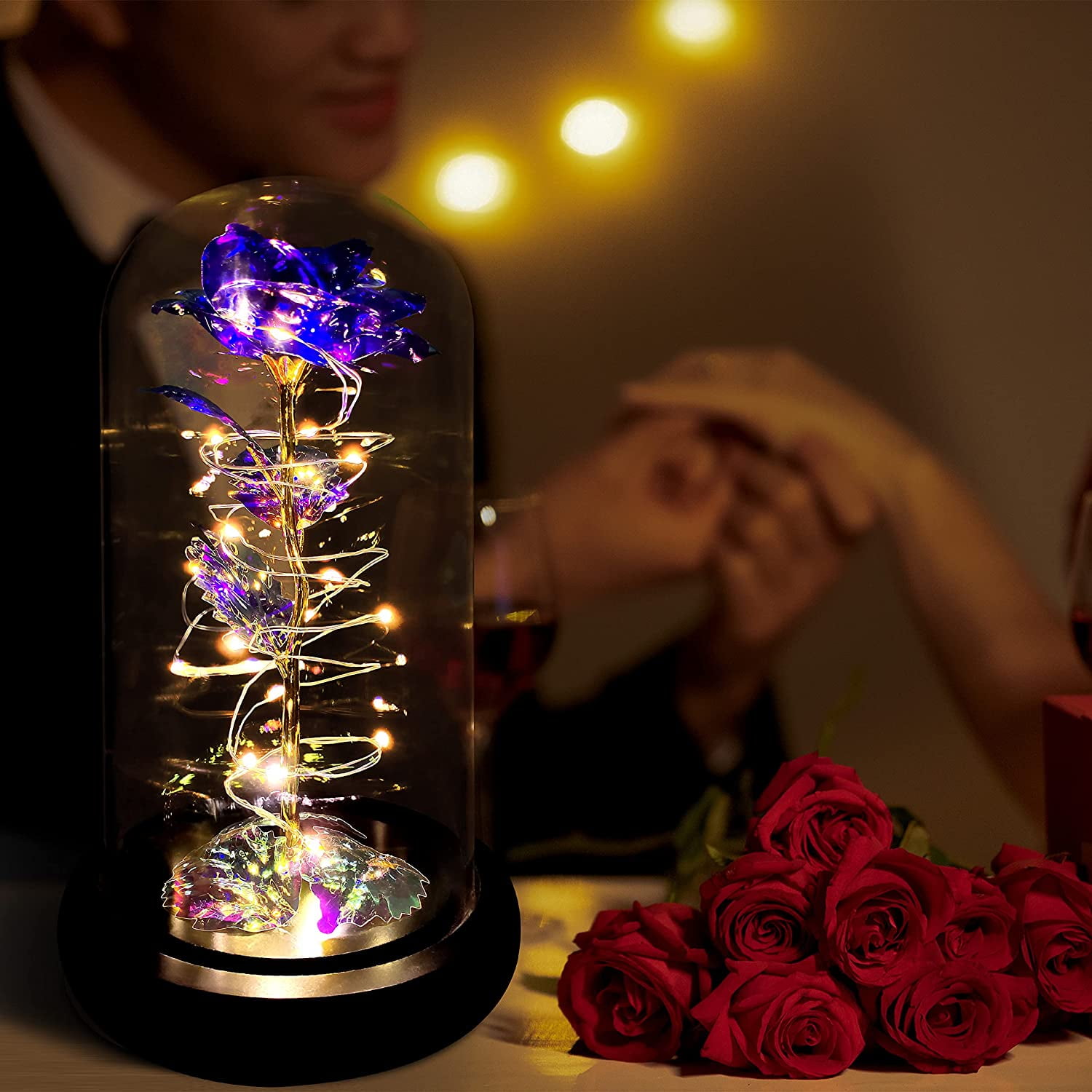 Catekro Glass Roses, Colorful Artificial Flowers With LED Warm light on  Christmas Anniversary Valentine's Day Mothers Day Girlfriend Birthday Gifts（Red）  