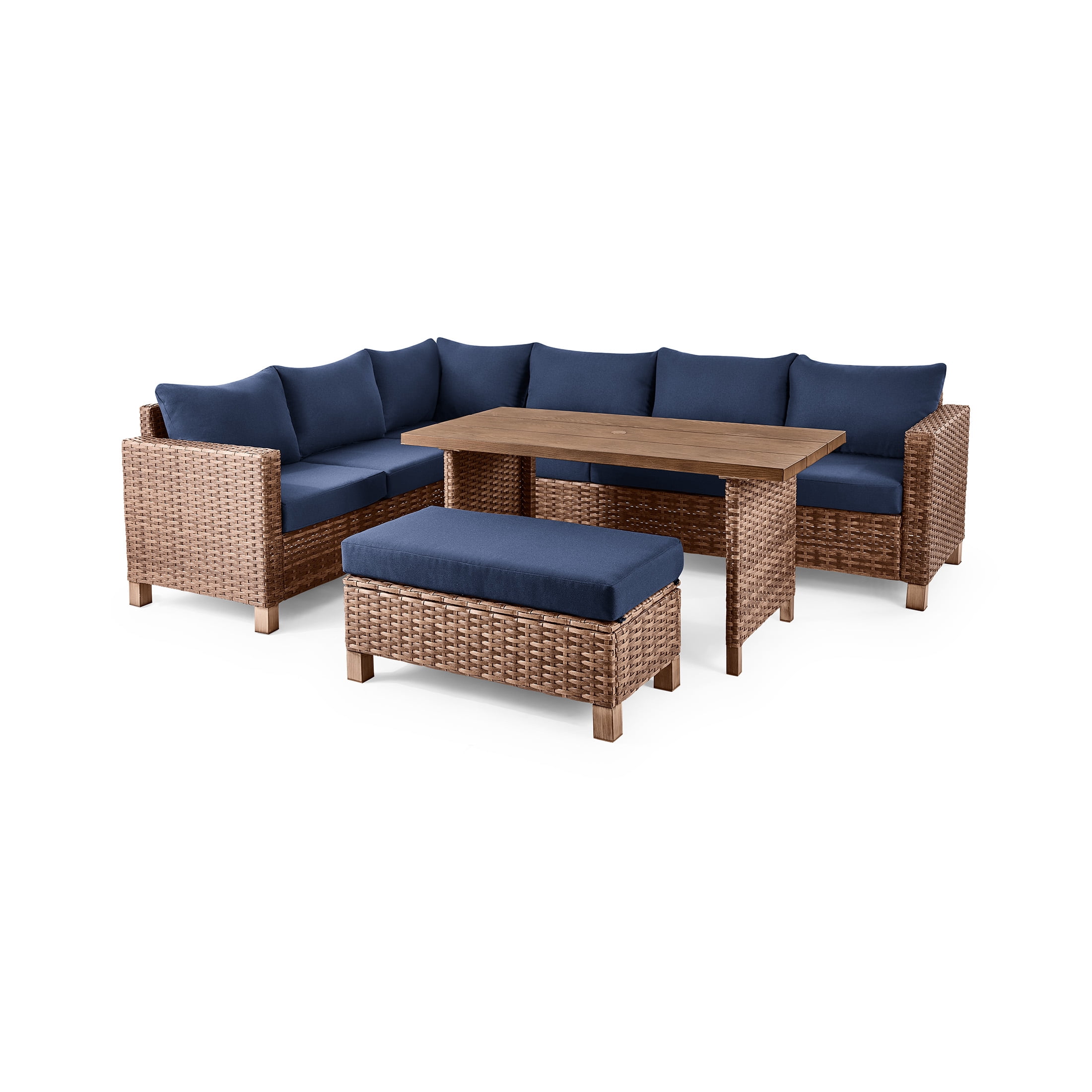 Better Homes & Gardens Brookbury 4-Piece Wicker Patio Sectional Dining Set with Navy Cushions