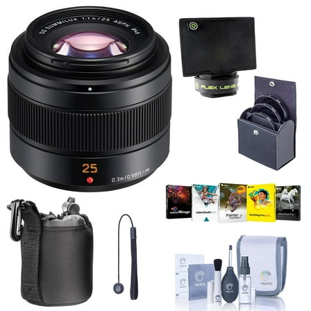 Panasonic Lumix G Leica DG Summilux II 25mm f/1.4 Aspherical Lens for Micro Four Thirds, Bundle with 46mm Filter Kit, Lens Case, Flex Lens Shade, Cleaning Kit, Lens Cap Tether, PC Software Kit