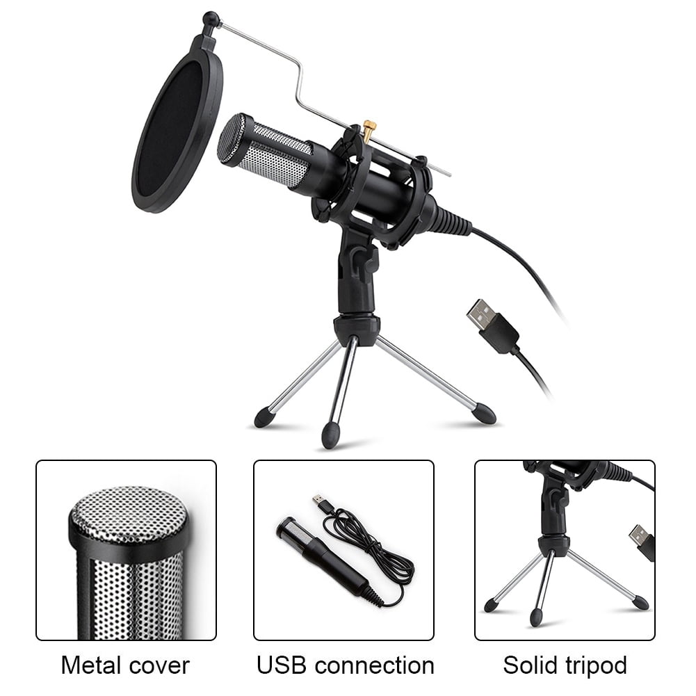 Kepooman Portable Plug & Play Computer Microphone with Adjustable Tripod Stand & Wind Screen Shield, Black