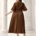 thumbnail image 4 of Xixinqiwan No Boundaries Sundresses for Women 2025 Plus Size,Women's Plus Size Solid Colour Round Neck Short Sleeve Buttoned Waist Ruffle Lace Dresses Brown XXXXL, 4 of 5