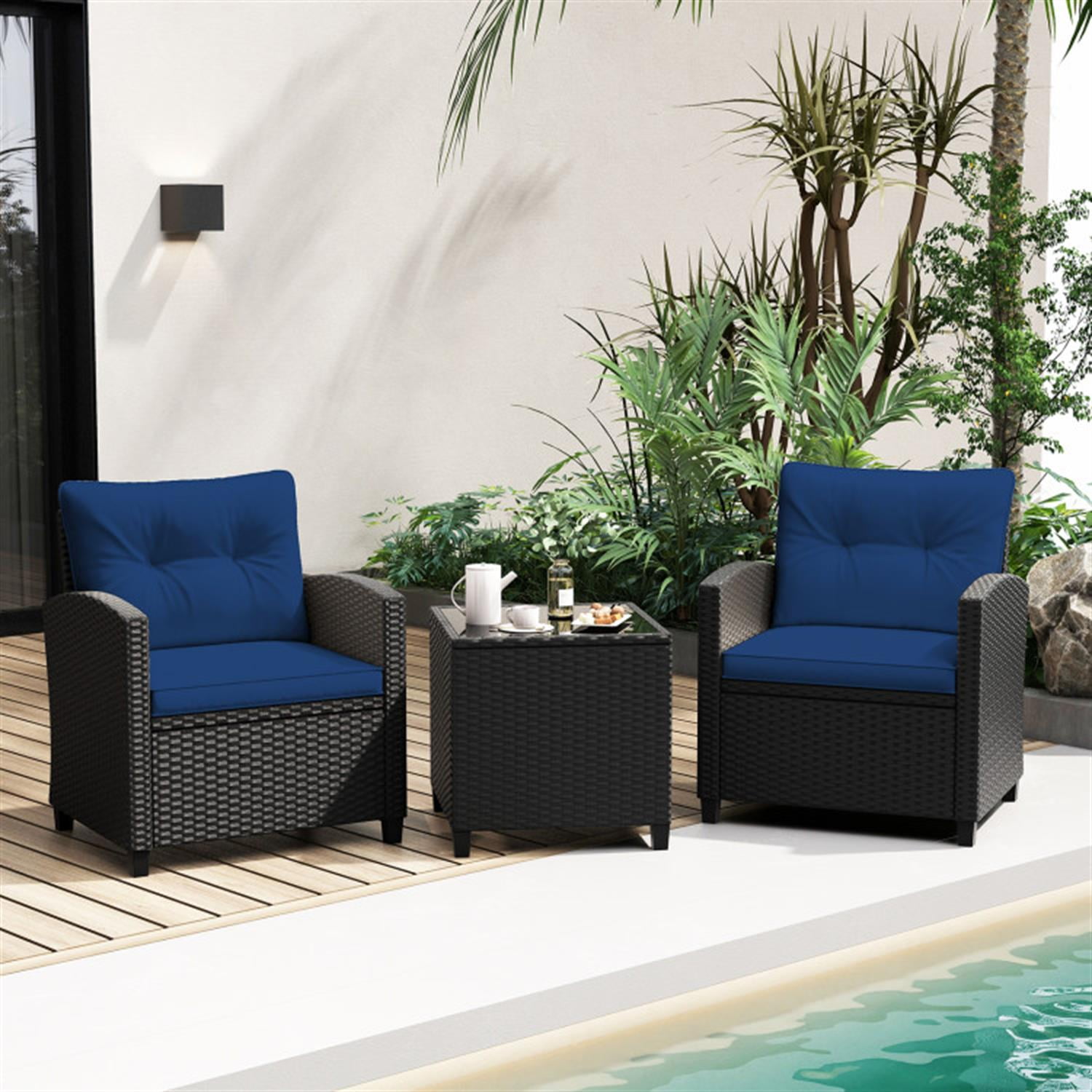 Demi Bonn 3 Pieces Rattan Patio Furniture Set with Washable Cushion, Conversation Armchairs for Garden Poolside Balcony, Navy