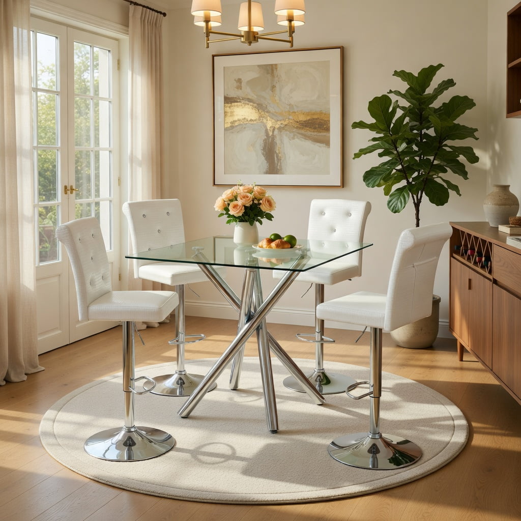 Hommoo Modern 3-Piece Glass Bar Table Set with Adjustable Swivel Bar Stools, Chrome Metal Frame, PU Leather Seating, Compact Counter Height Design for Kitchen Island, Home Bar, White & Sliver