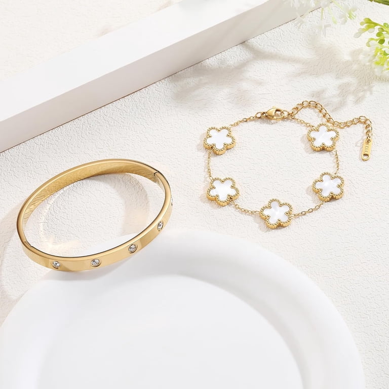 18K Gold Plated Clover Bracelet Love bangle Set for Women - Stack