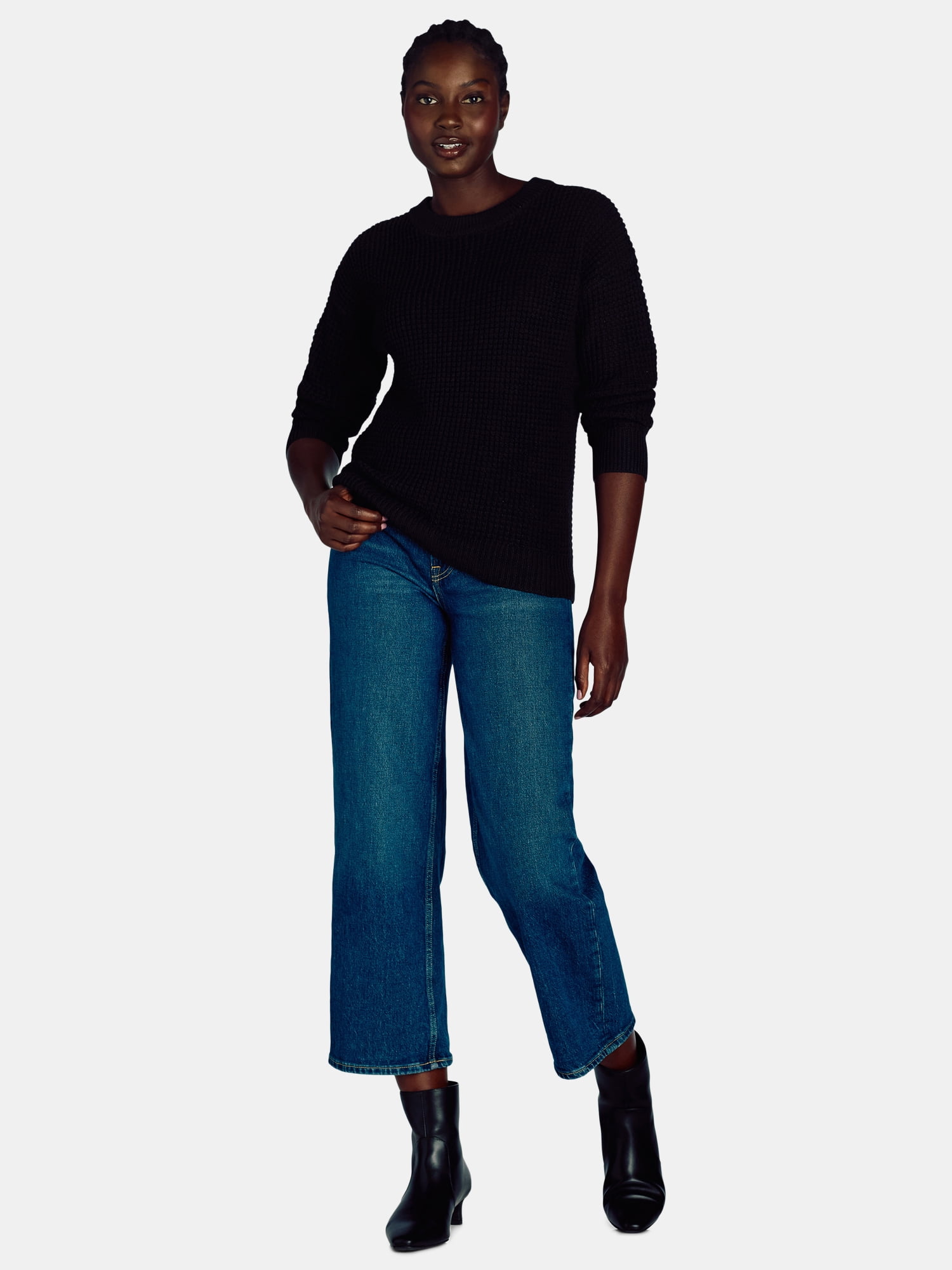 Time and Tru Woman's Waffle Stitch Sweater with Long Sleeves, Midweight, Sizes XS-XXXL