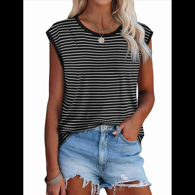 Tops de Mujer Elegantes e Informales de Verano A Rayas, Tops de Corta con Bloques de Color, Corte Holgado, Negro L