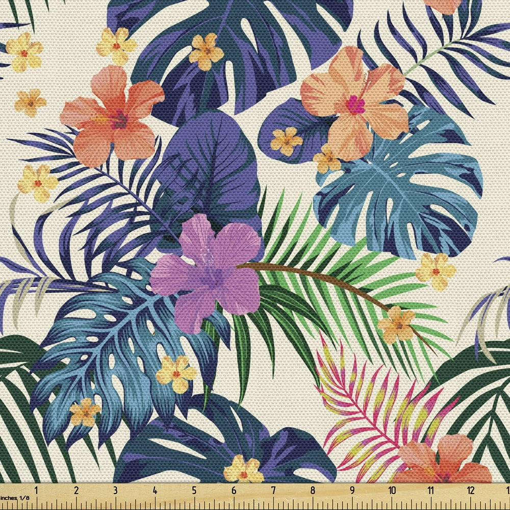 Tropical Fabric by the Yard, Flowers and Leaves of Exotic Plants Tropic