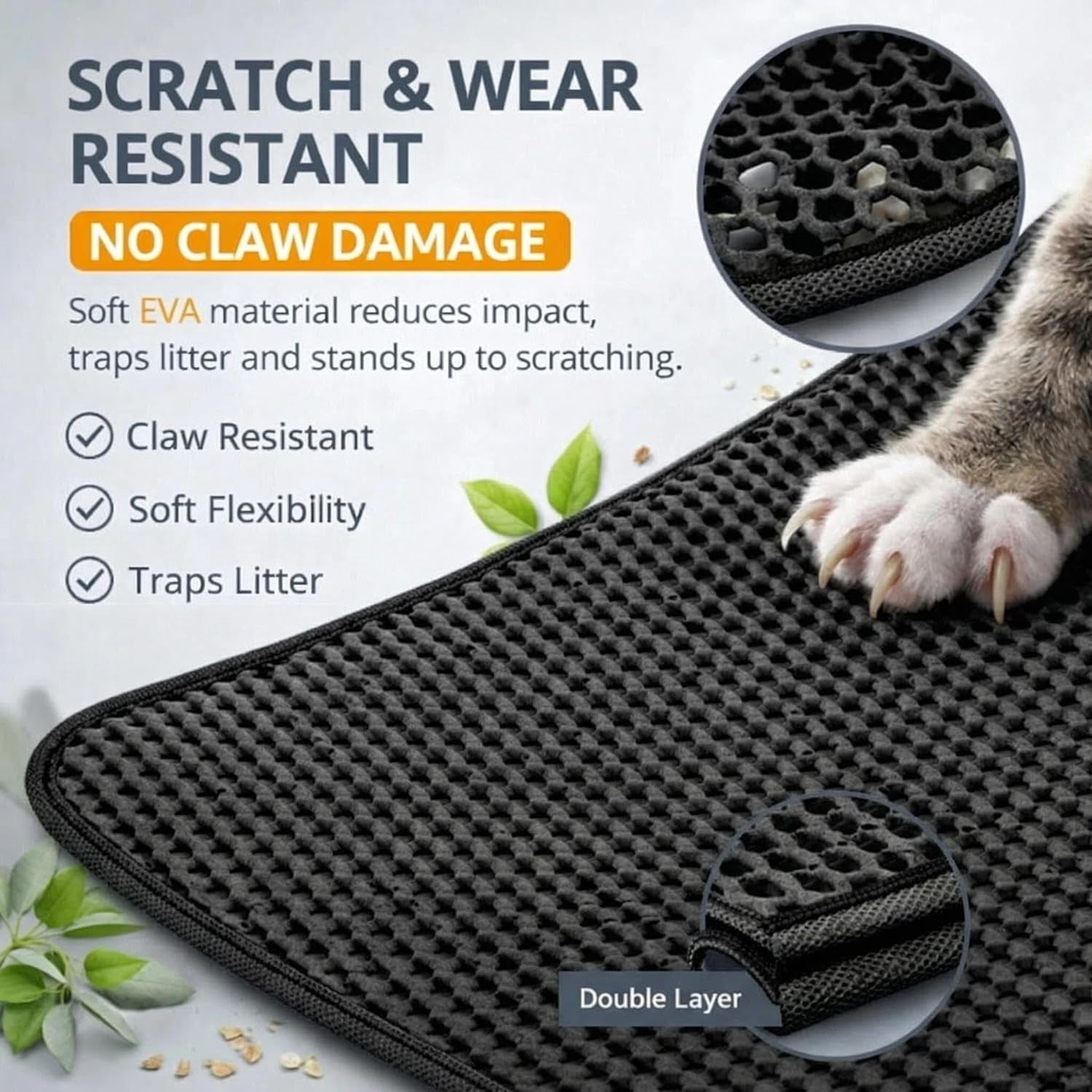 Cat Litter Mat Double Layer Litter Trapping Mat, Non-Slip Waterproof Urine Proof Easy Clean Kitty Litter Box Mat for Pet Floor Scatter Control (Black,30x22in-1 Pieces)