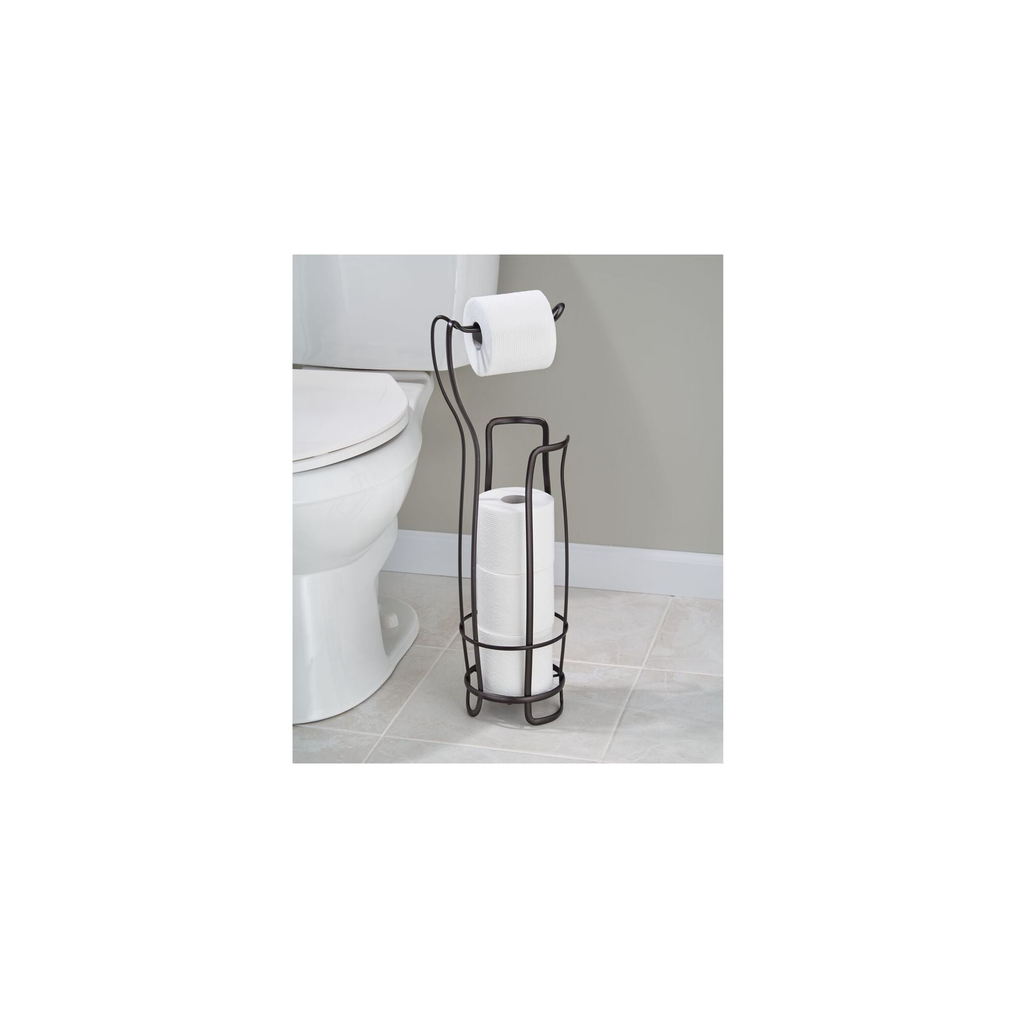 iDesign, Metal Free Standing Toilet Paper Tissue Holder, Roll Reserve Canister, 8" x 6.6" x 24", Bronze