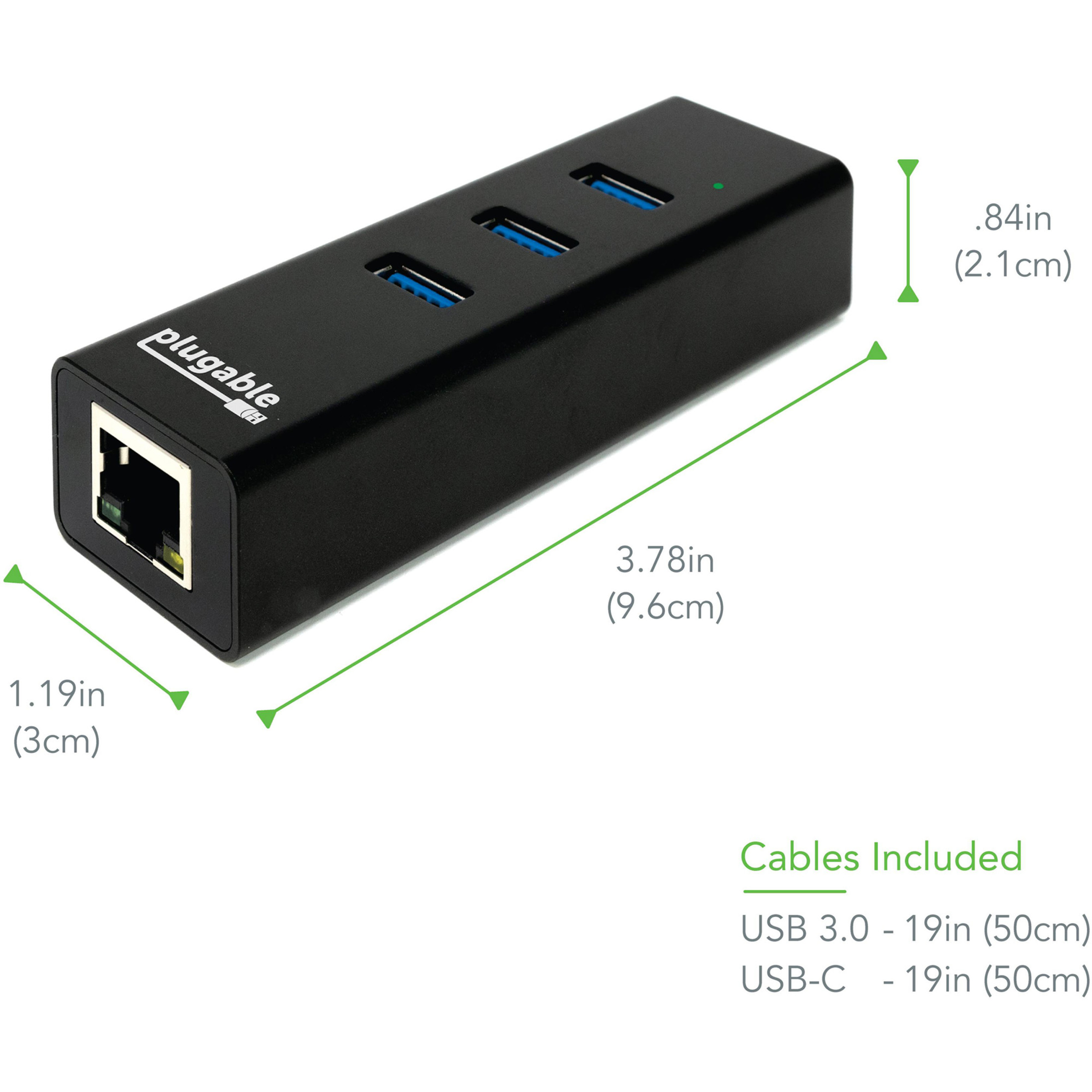 Plugable USB Hub with Ethernet, 3 port USB 3.0 Bus Powered Hub with Gigabit Ethernet Compatible with Windows, MacBook, Linux, Chrome OS, Includes USB C and USB 3.0 Cables - image 4 of 7