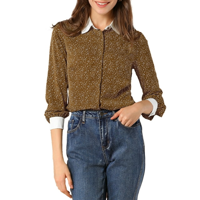 Camisa de botones con cuello de punta de puntos impresos para mujer INSPIRE CHIC Marrón M