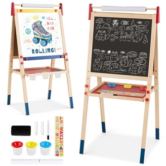 COSTWAY 3-in-1 schoolbord voor kinderen, dubbelzijdig kinderbord met papierrol, magnetisch krijtbord en whiteboard, incl. 3 gekleurde bekers en 2 dozen, schildersezel voor kinderen vanaf 3 jaar (blauw