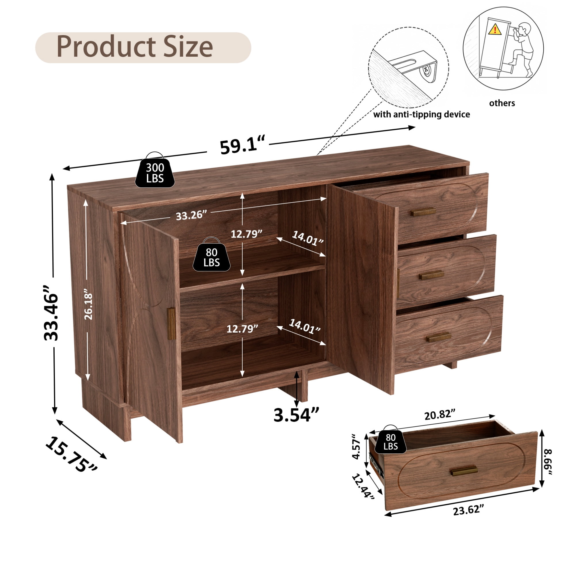 Leumius 59.1" Buffet Sideboard with 2 Doors and 3 Drawers, Walnut Finish with Oval Grain Texture, Farmhouse Storage Cabinet for Dining Room Living Room Hallway