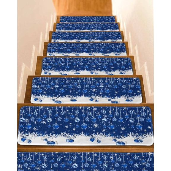 Navy Blue Christmas Stair Treads for Wooden Steps Indoor Runner Rug Carpet, Weeping Xmas Ball Snowflake Winter 15 Pieces Peel and Stick Staircase Step Treads Covers Washable Throw Door Mats, 30"x8"
