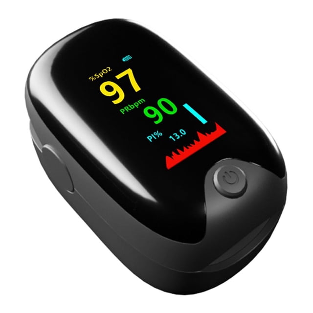 oxímetro de gema ad901, medición multiparámetros, encendido/apagado automático, pantalla de 4 direcciones, 8 segundos, resultados instantáneos oxímetro de dedo plateado, vista 3/4 superior con pantalla OLED a color que muestra SpO2 97 en amarillo, PR 90 en verde y gráfico de pulso rojo. Carcasa ABS con botón frontal de encendido y bisagra lateral, compacto y portátil, suele usarse también para control rápido de la frecuencia cardíaca en viajes.