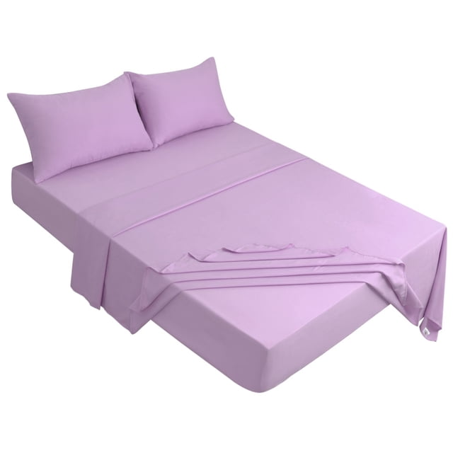 4 Piece Bed Sheet Set, 110gsm Polyester Microfiber Bedding with Flat Sheet, Fitted Sheet and Pillowcases, Soft and Comfortable, Solid Color for Hotel Bedroom Queen Light Purple Unique Bargains Juego de Edredón Funda