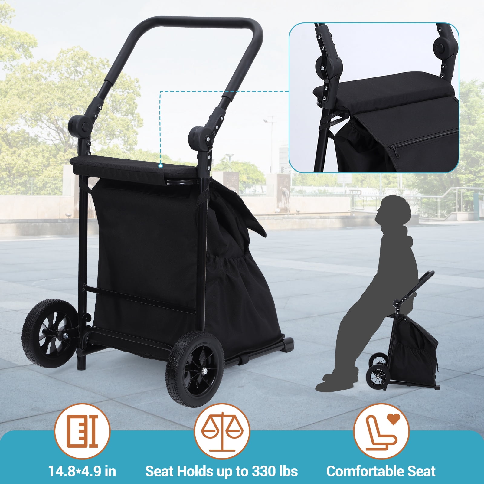 2-in-1 Collapsible Grocery & Utility Cart, 32.5 Gal Removable Waterproof Bag, Heavy-Duty Rolling Hand Truck, Cushioned Seat, Adjustable Non-Slip Handle,  for Seniors, Laundry, Market, Travel