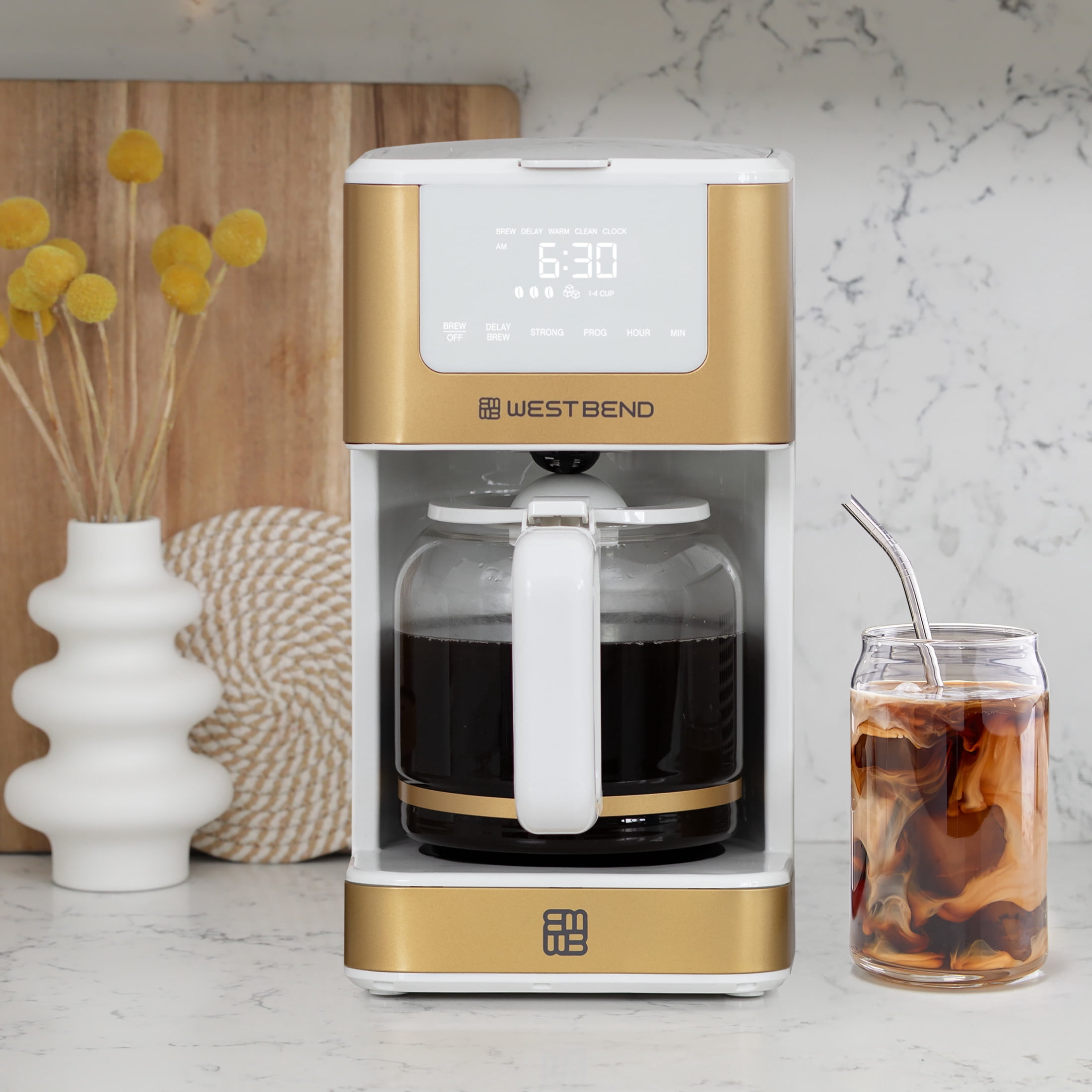 West Bend Timeless 12 Cup Hot & Iced Coffee Maker, in White/Gold (CMWB12WG13)