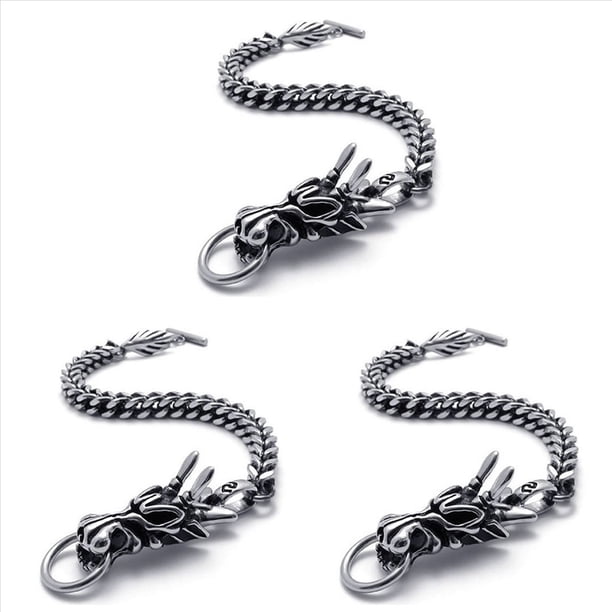 3X Pulsera de Joyeria de Hombre, Dragon de Acero Inoxidable, Motorista, Negro Plata