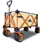 TMZ Collapsible Folding Wagon Cart, Outdoor Utility Garden Cart, Heavy Duty Camping Wagon with Big Wheels, Foldable Wagon for Sports, Shopping, Fishing and Beach-Beige