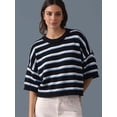thumbnail image 4 of Women's Striped Crew Neck Drop Shoulder Short Sleeve Cropped Knit Sweater Black L, 4 of 7