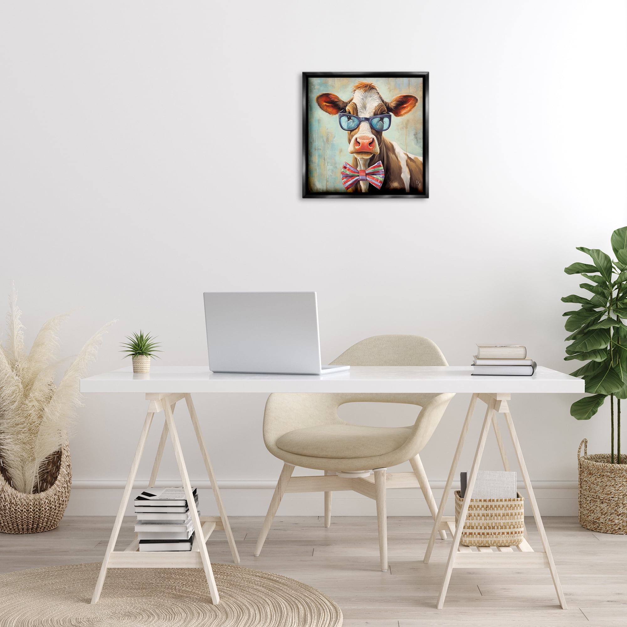 Stupell Industries Hipster Cow with Bowtie Animals & Insects Painting Black Floater Framed Canvas Art Print Wall Art, 18 x 18