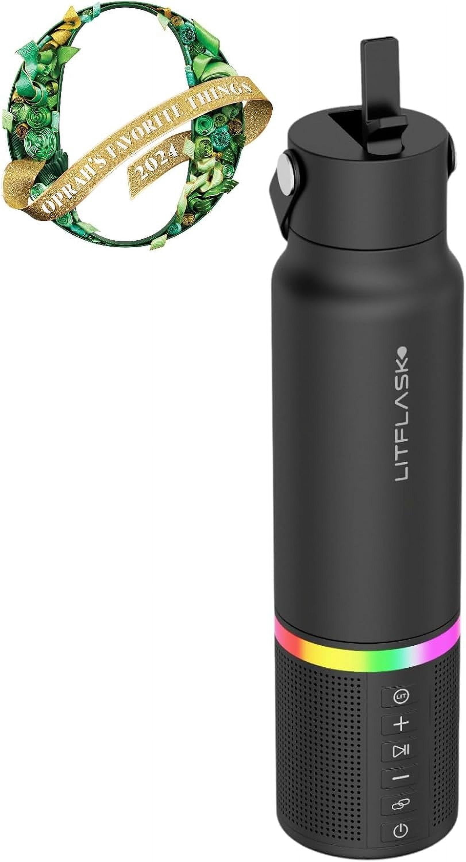 LITFLASK Smart Water Bottle with Premium Bluetooth Speaker, Black, Portable Charger, LED Light, Stainless Steel, Mix & Match Colors, 20oz - Oprah's Favorite Things 2024