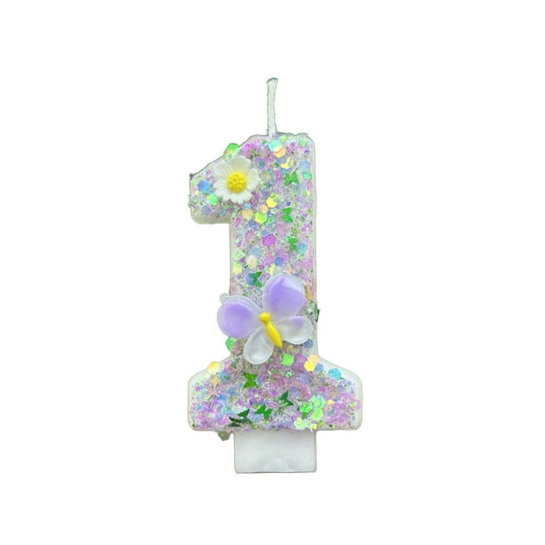 Vela de cumpleaños número 0 de 2,7 pulgadas con lentejuelas de mariposa moradas, decoración para tarta de cumpleaños, decoración para boda, fiesta de cumpleaños
