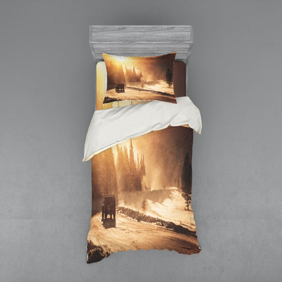 Ambesonne Winter Bedding Set 3 Pcs, Colorado Mountain Road, Twin XL, Brown Orange Yellow