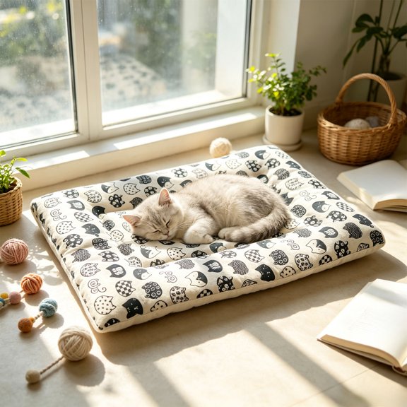 huayou Rectangular Pet Sleeping Mat, Vintage Printed Fabric with Soft Thick Padding, Durbale Washable Cushion Pad for Indoor Cats Small Dogs Daily Rest, L Size