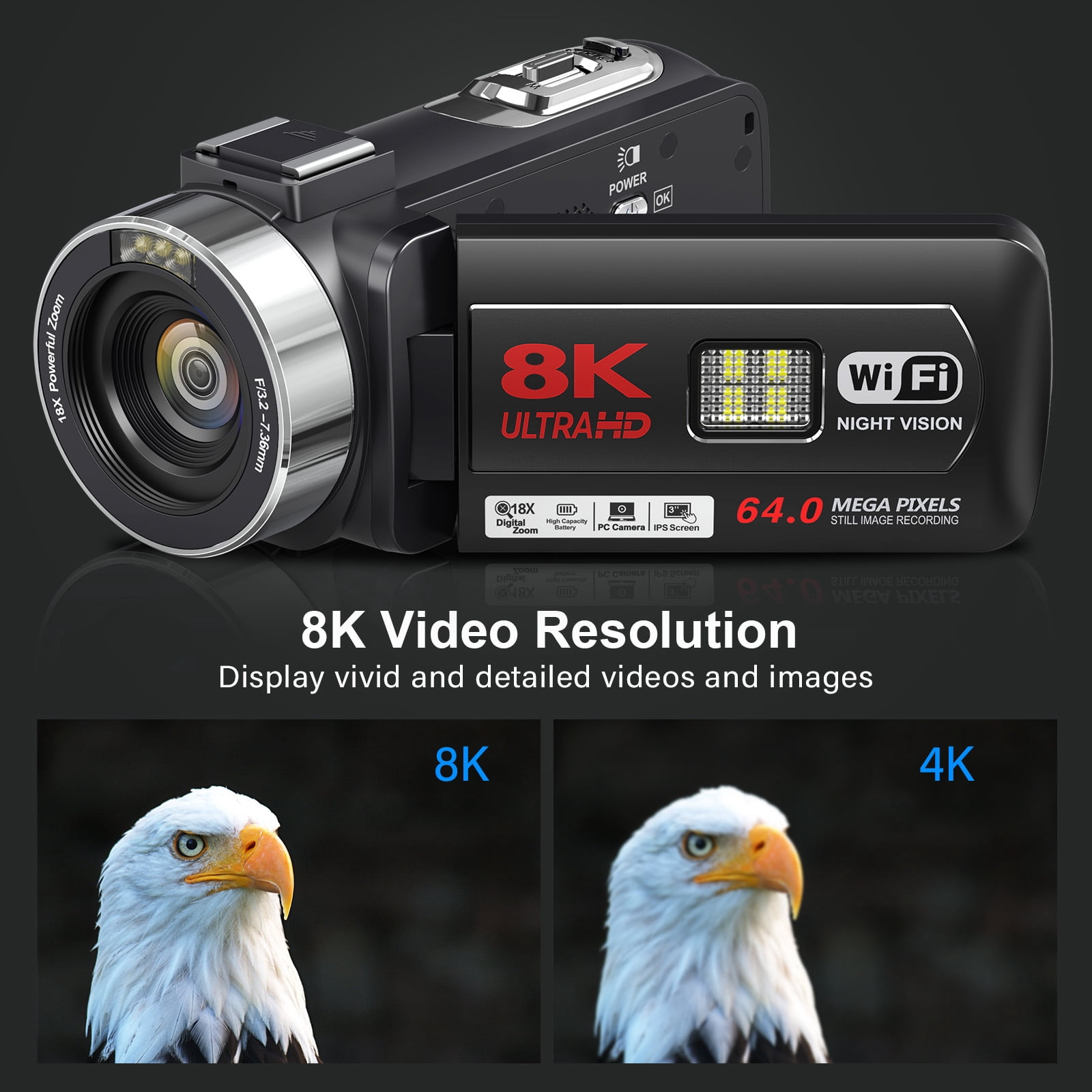 Video Camera for Youtube 8K Camcorder 64MP Wifi Vlogging 18X Zoom IR Night Vision 3.0'' Touch Screen Digital Camera