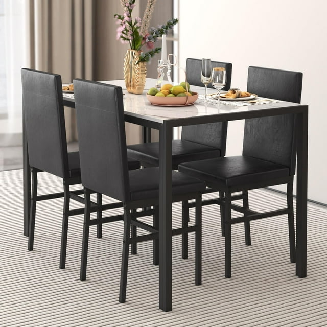 AWQM 5 Peice Dining Table Set, Faux Marble Dining Room Table and Chairs Set, Rectangle Kitchen Table Set with Durable Metal Frame and Upholstered Chairs, White