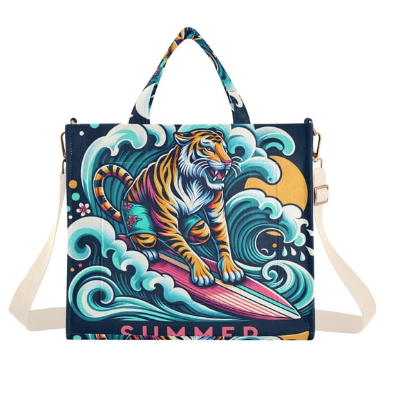 Tiger Surf Summer Corduroy Tote Bag Handbag Large Messenger Bag Shoulder Crossbody Zipper Bag Purse
